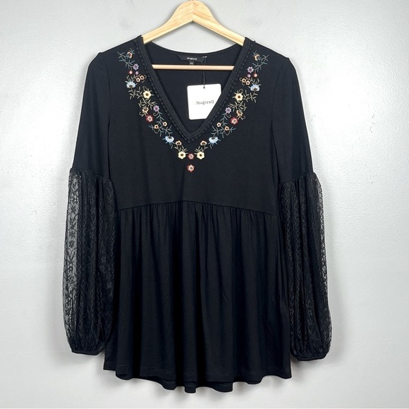 NWT Desigual black Vermont lace balloon sleeve embroidered blouse, XS. - Picture 1 of 10
